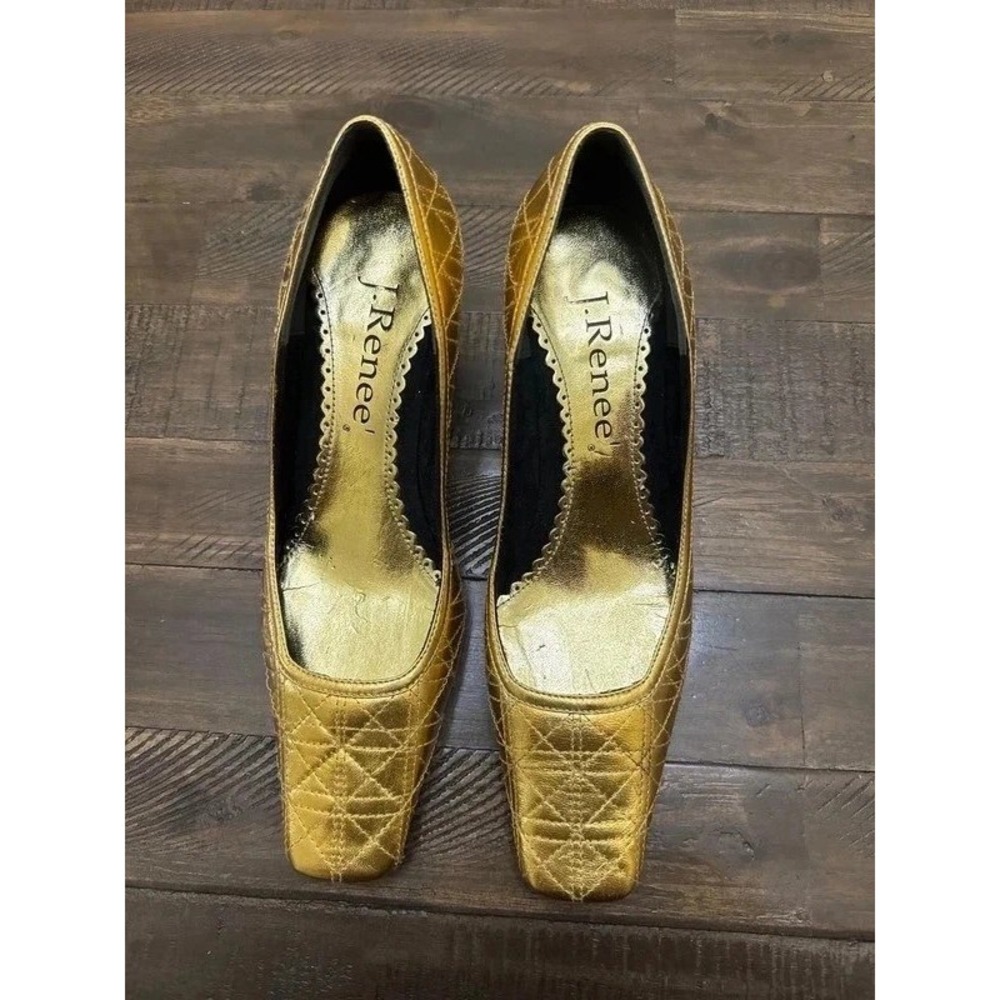 J. Renee Quilted Square Toe Kitten Heels 7M Gold